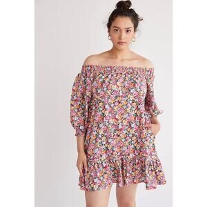 Anthropologie Maeve Flounced Off-The-Shoulder Mini Dress with a floral print